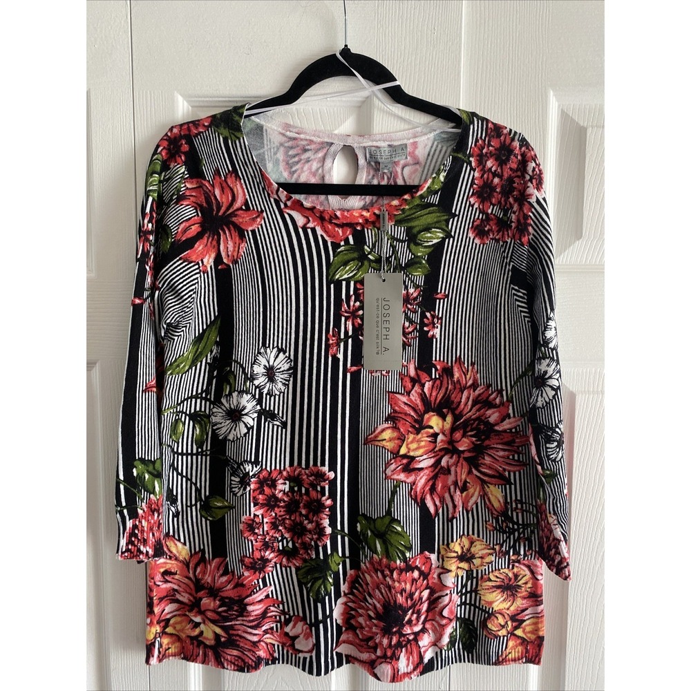 Joseph A Striped Floral‎ Knit Top Womens Size M Black White Red 3/4 Sleeve